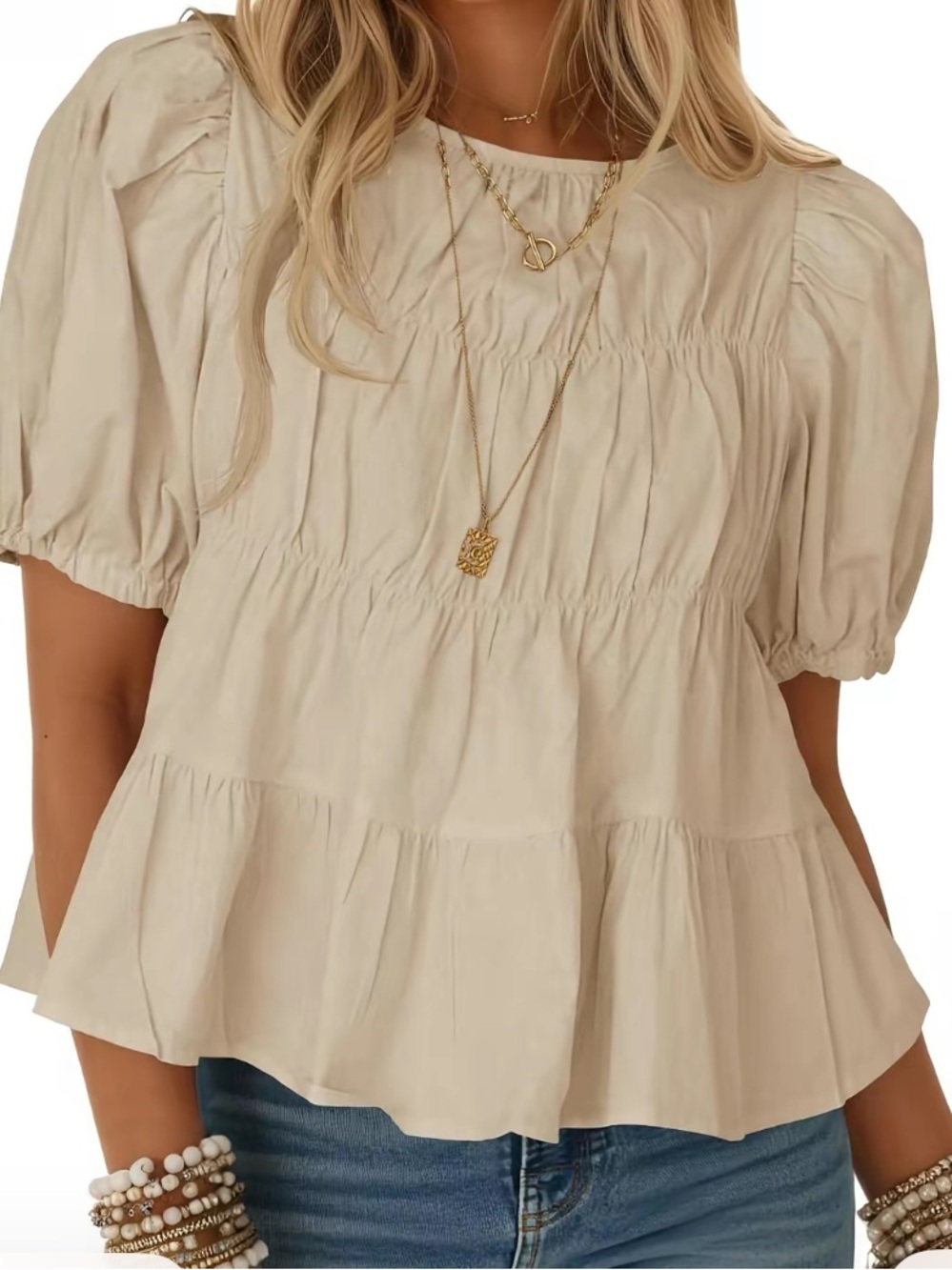 Women's Puff-Sleeve Tiered Blouse - Apricot